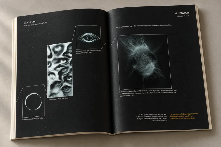 From Reality to Dream: an open spread on black paper with eclipse and eye imagery